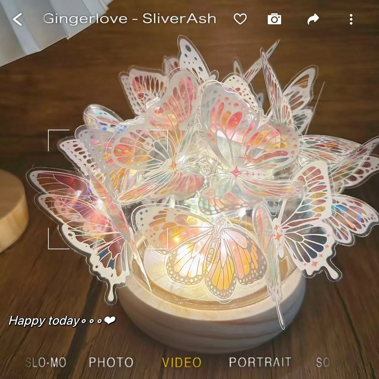 Butterfly night lamp with glass shade on wood base for bedroom bedside lighting
