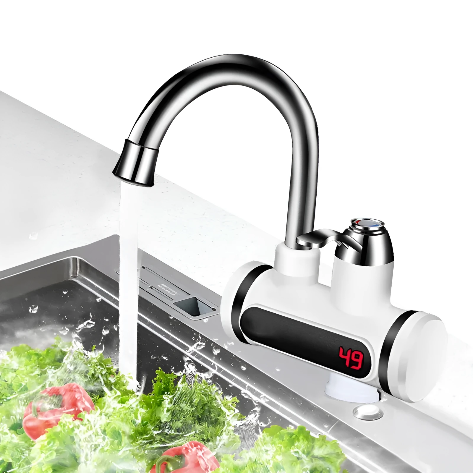 White kitchen electric tap water heater with digital temperature display and faucet nozzle