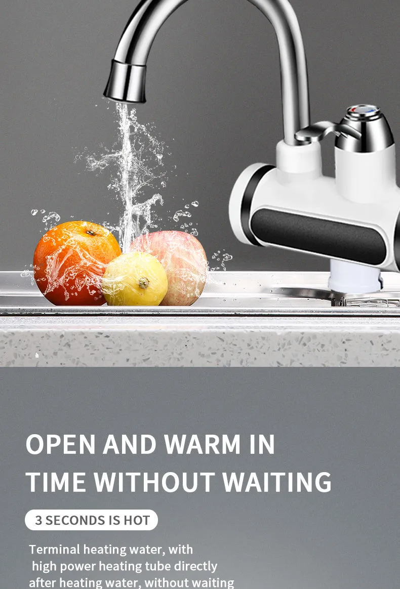 White kitchen electric tap water heater with digital temperature display and faucet nozzle