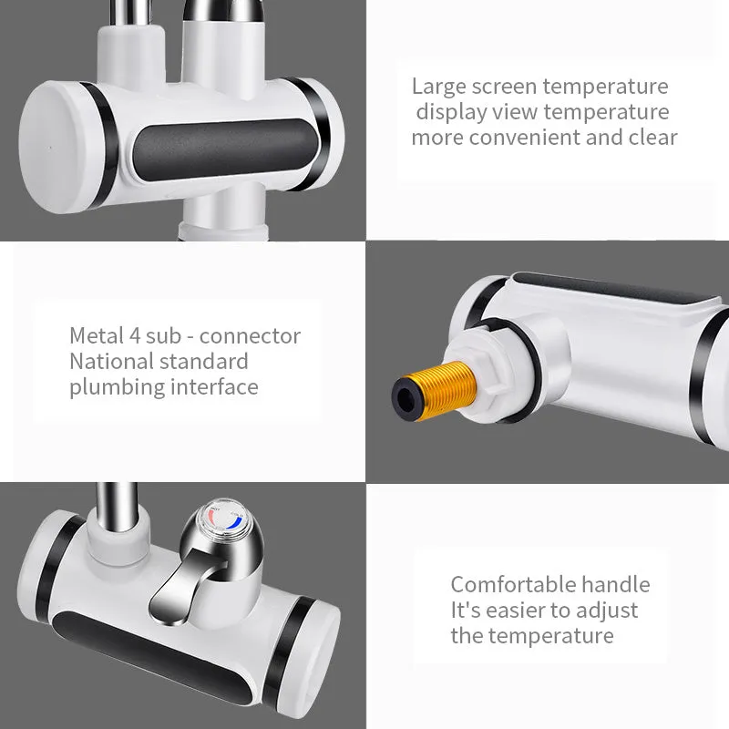 White kitchen electric tap water heater with digital temperature display and faucet nozzle