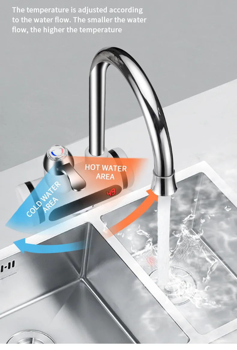 White kitchen electric tap water heater with digital temperature display and faucet nozzle