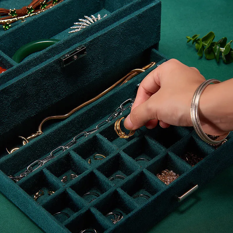 Large capacity multi-layer wooden jewellery storage box in green with dimensions 26x26x12.5cm