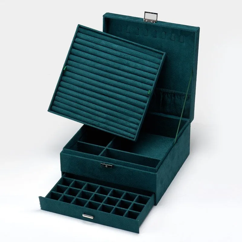 Large capacity multi-layer wooden jewellery storage box in green with dimensions 26x26x12.5cm