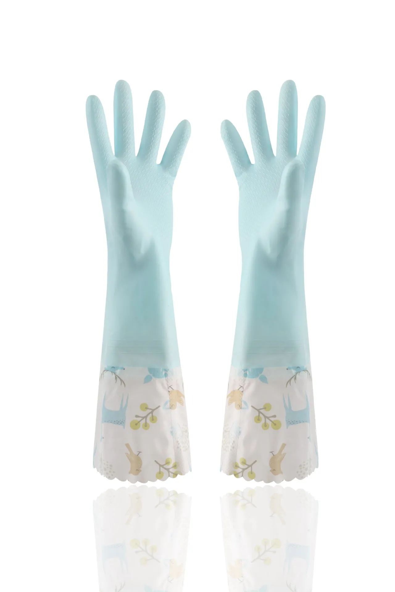PVC waterproof cleaning gloves in Nordic blue with drawstring single layer collar