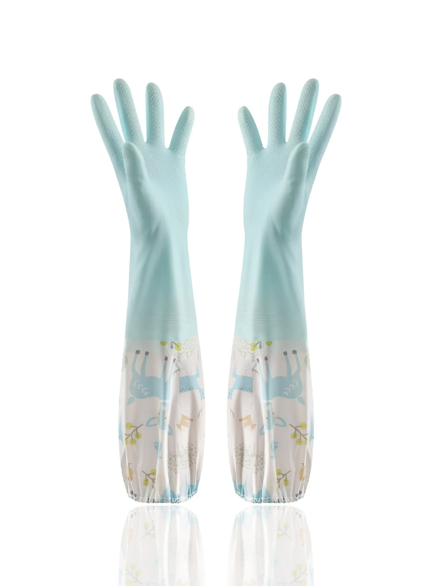 PVC waterproof cleaning gloves in Nordic blue with drawstring single layer collar