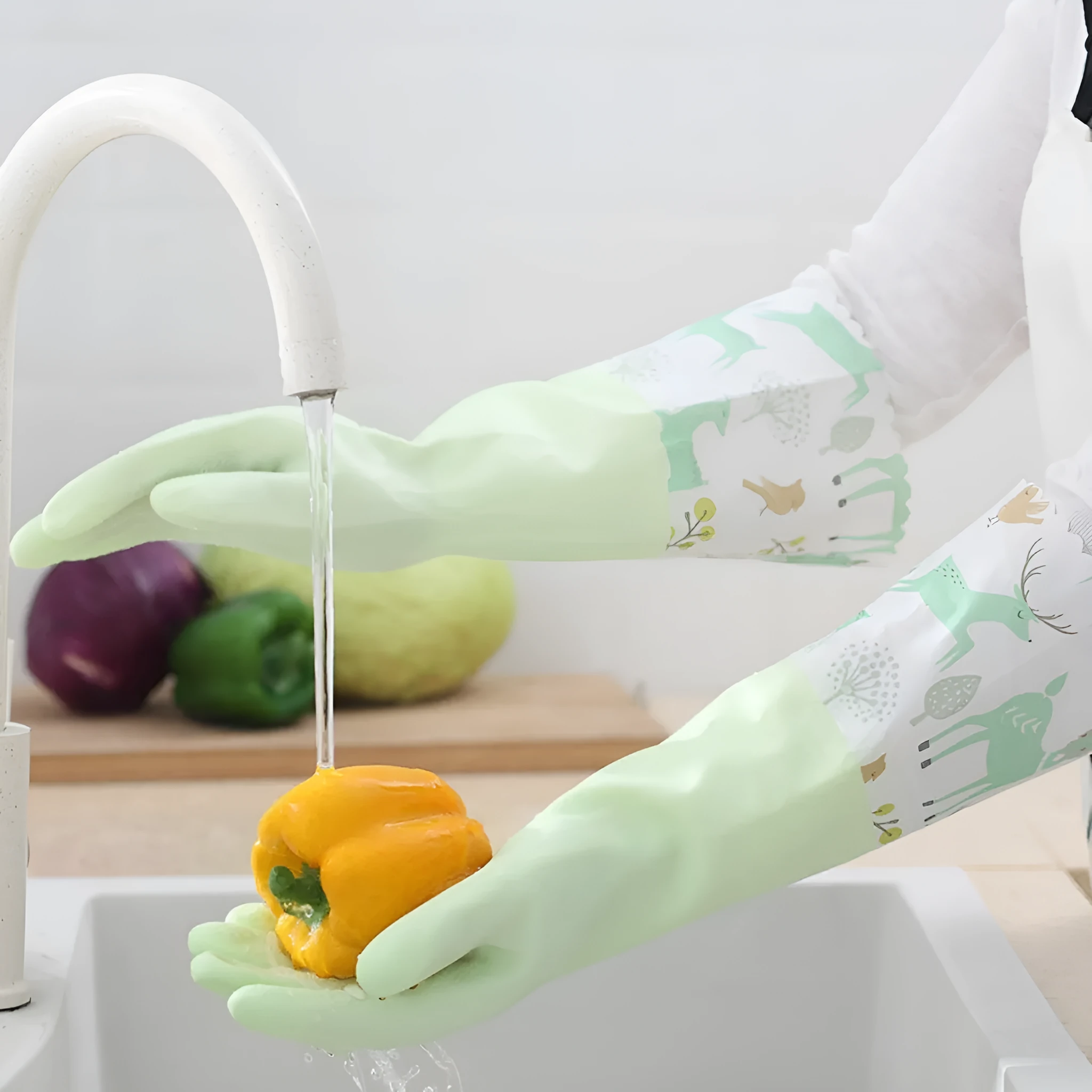PVC waterproof cleaning gloves in Nordic blue with drawstring single layer collar