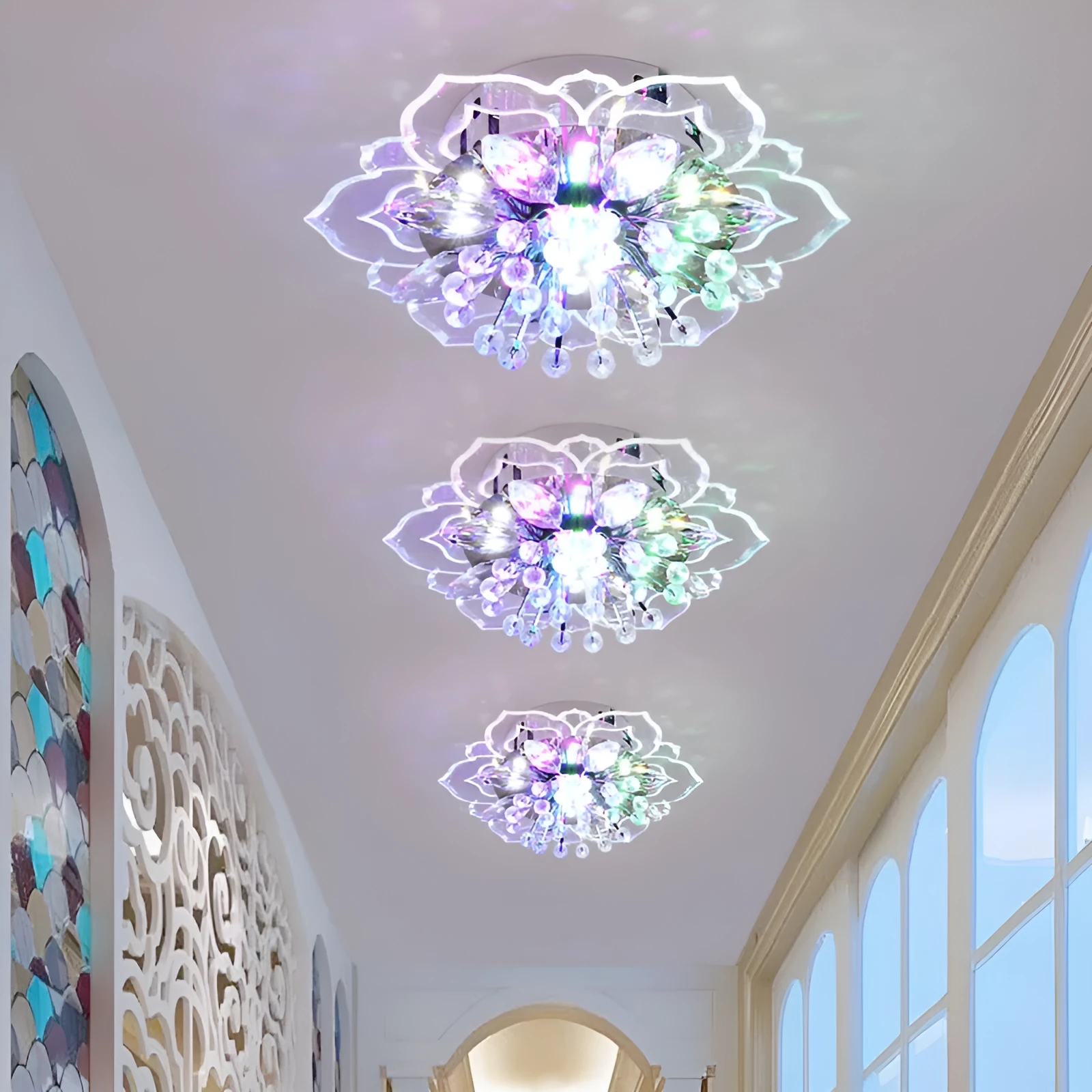 Modern crystal ceiling lamp with flower-shaped shade and LED light in warm white, white, or colour options.