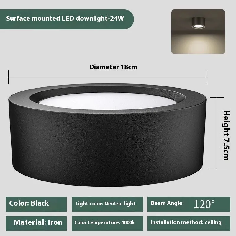 Round surface mounted LED downlight with black shell, white light, 9W to 24W options