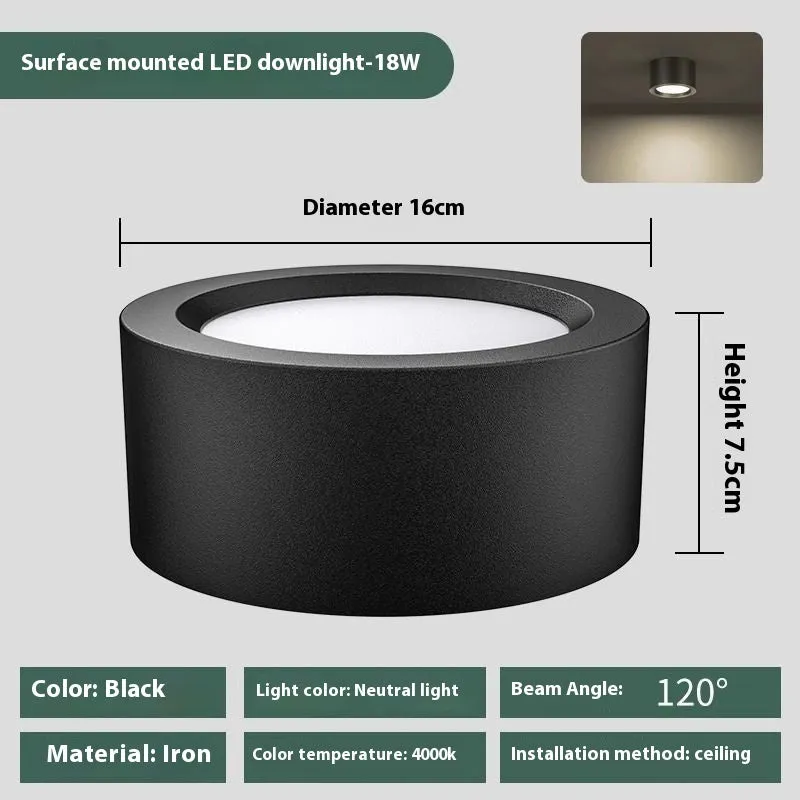 Round surface mounted LED downlight with black shell, white light, 9W to 24W options
