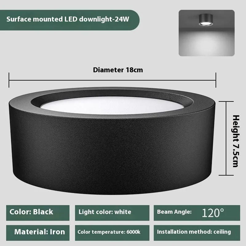 Round surface mounted LED downlight with black shell, white light, 9W to 24W options
