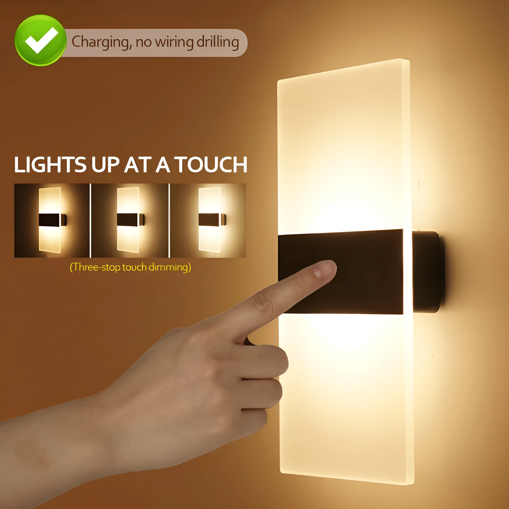 Rechargeable LED wall lamp with acrylic shade in black right-angle style