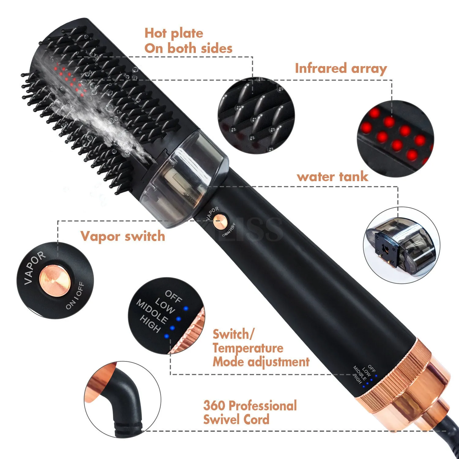 Black and pink infrared hot air comb with ceramic tourmaline barrel for dry hair styling