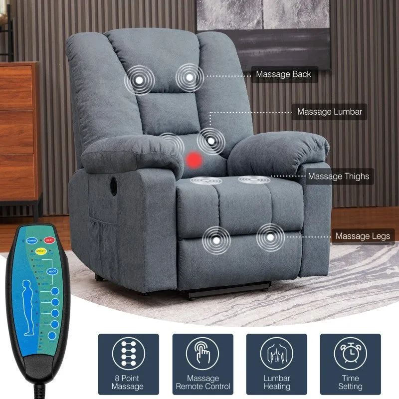 Electric massage recliner in blue upholstery with wooden frame and remote control