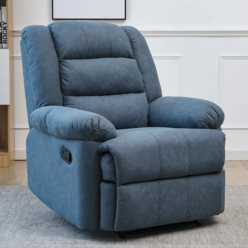 Electric massage recliner in blue upholstery with wooden frame and remote control