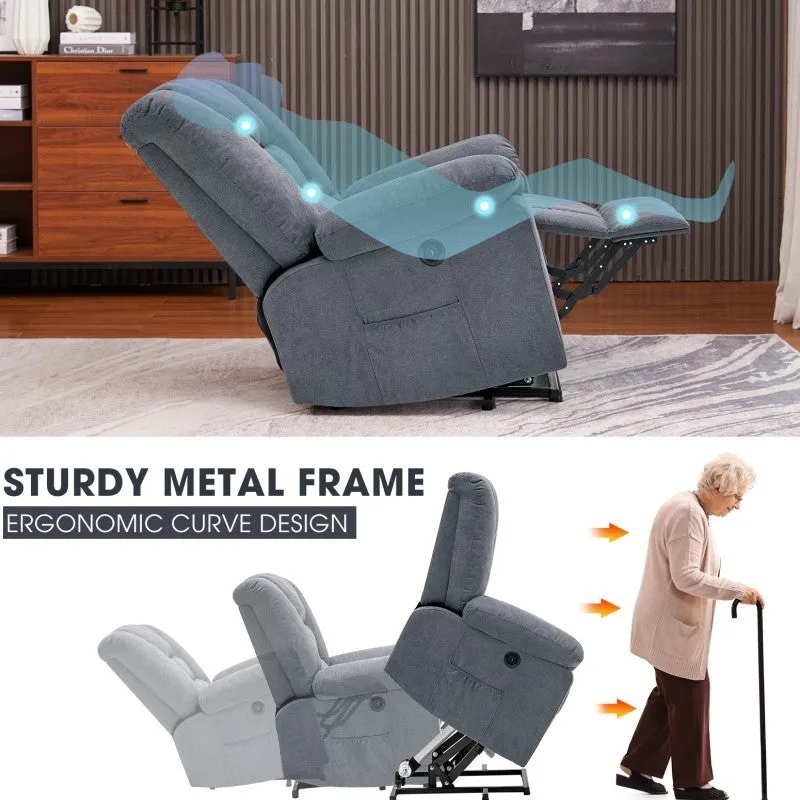 Electric massage recliner in blue upholstery with wooden frame and remote control