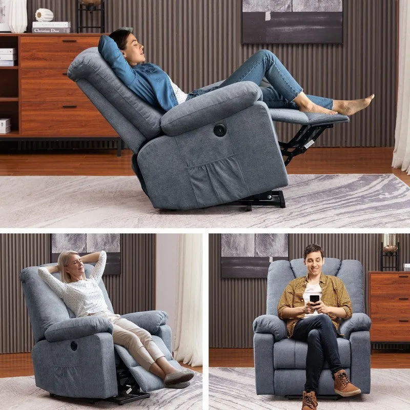 Electric massage recliner in blue upholstery with wooden frame and remote control