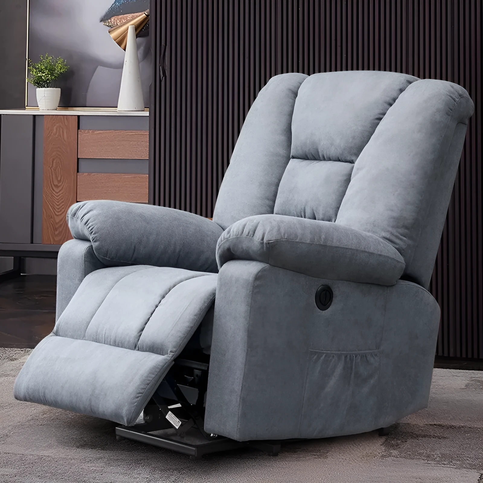 Electric massage recliner in blue upholstery with wooden frame and remote control