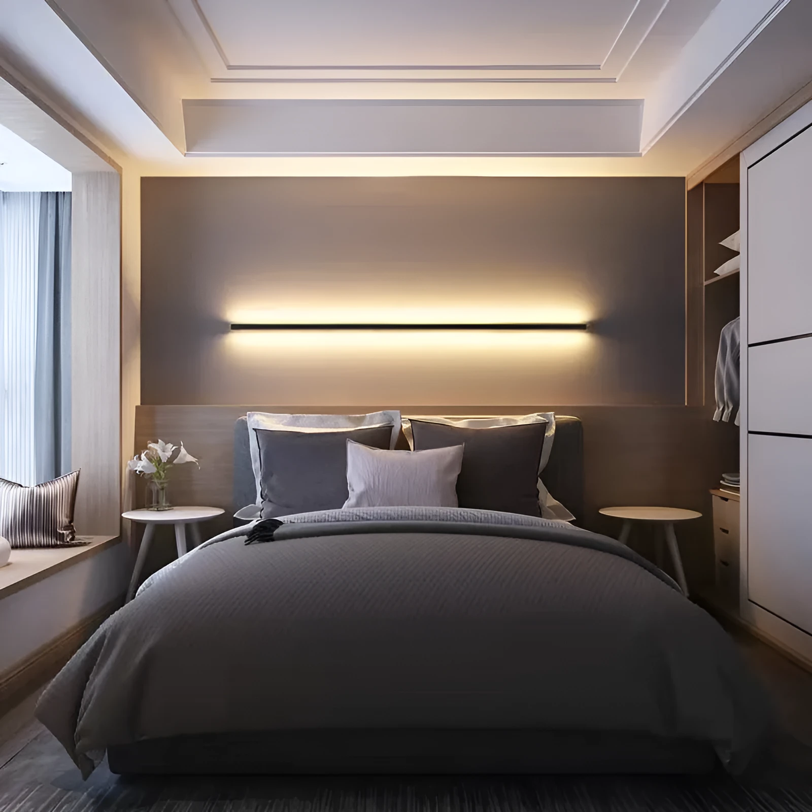 Black minimalist bedside wall lamp in 40cm to 200cm lengths with three light colour options on a wall