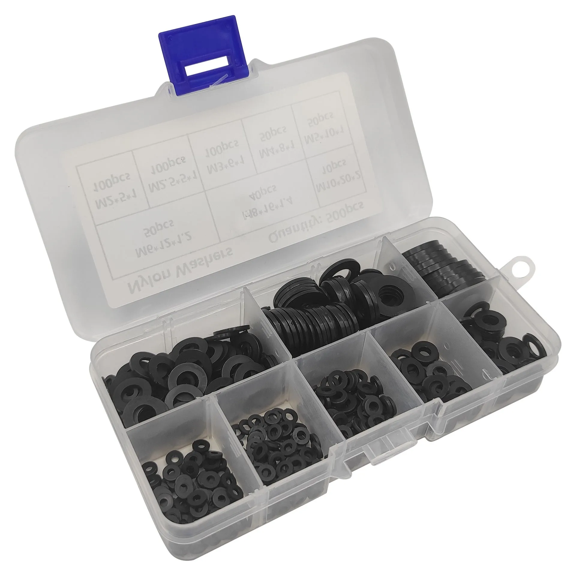 500-piece black nylon flat washer assortment kit in open box showing different sizes