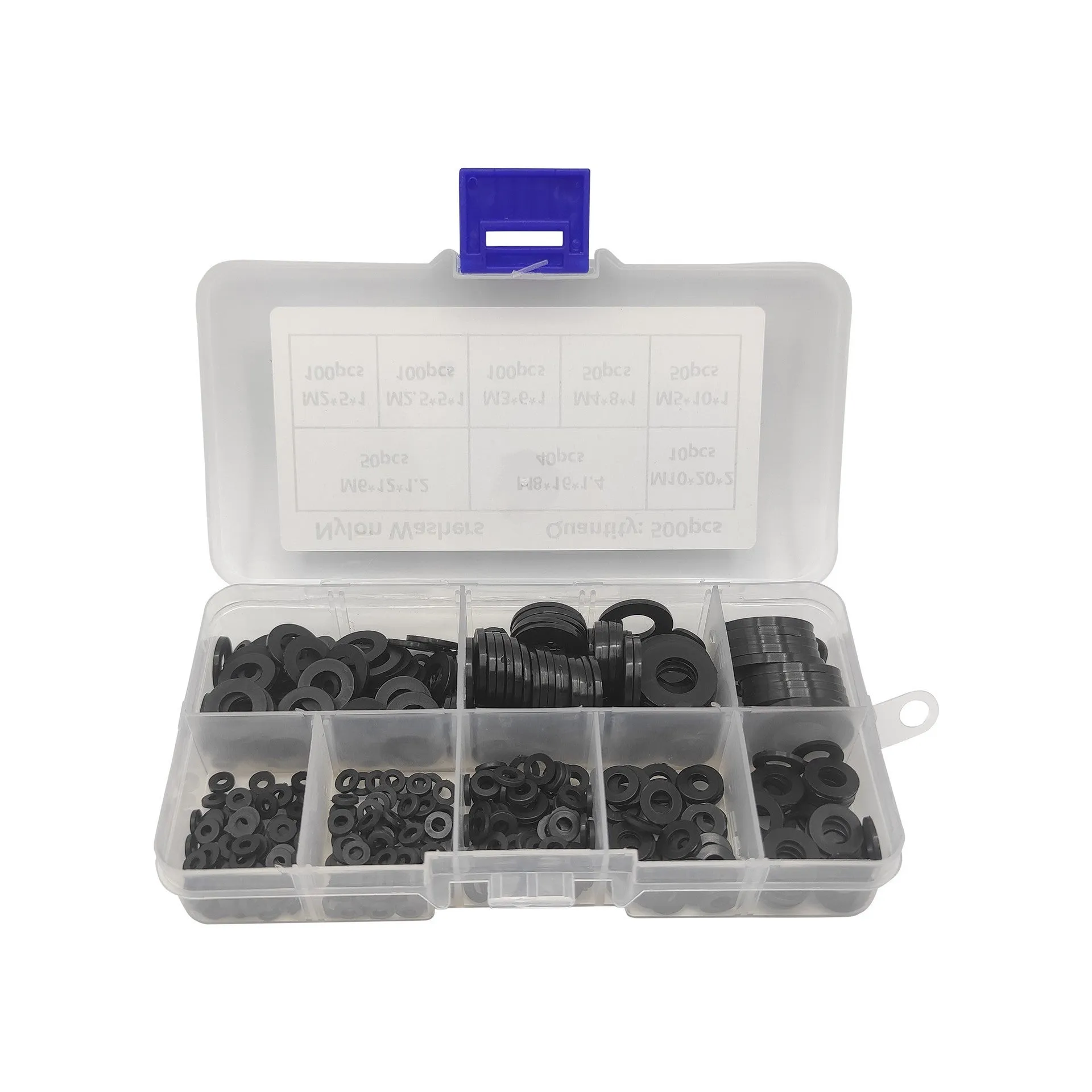 500-piece black nylon flat washer assortment kit in open box showing different sizes