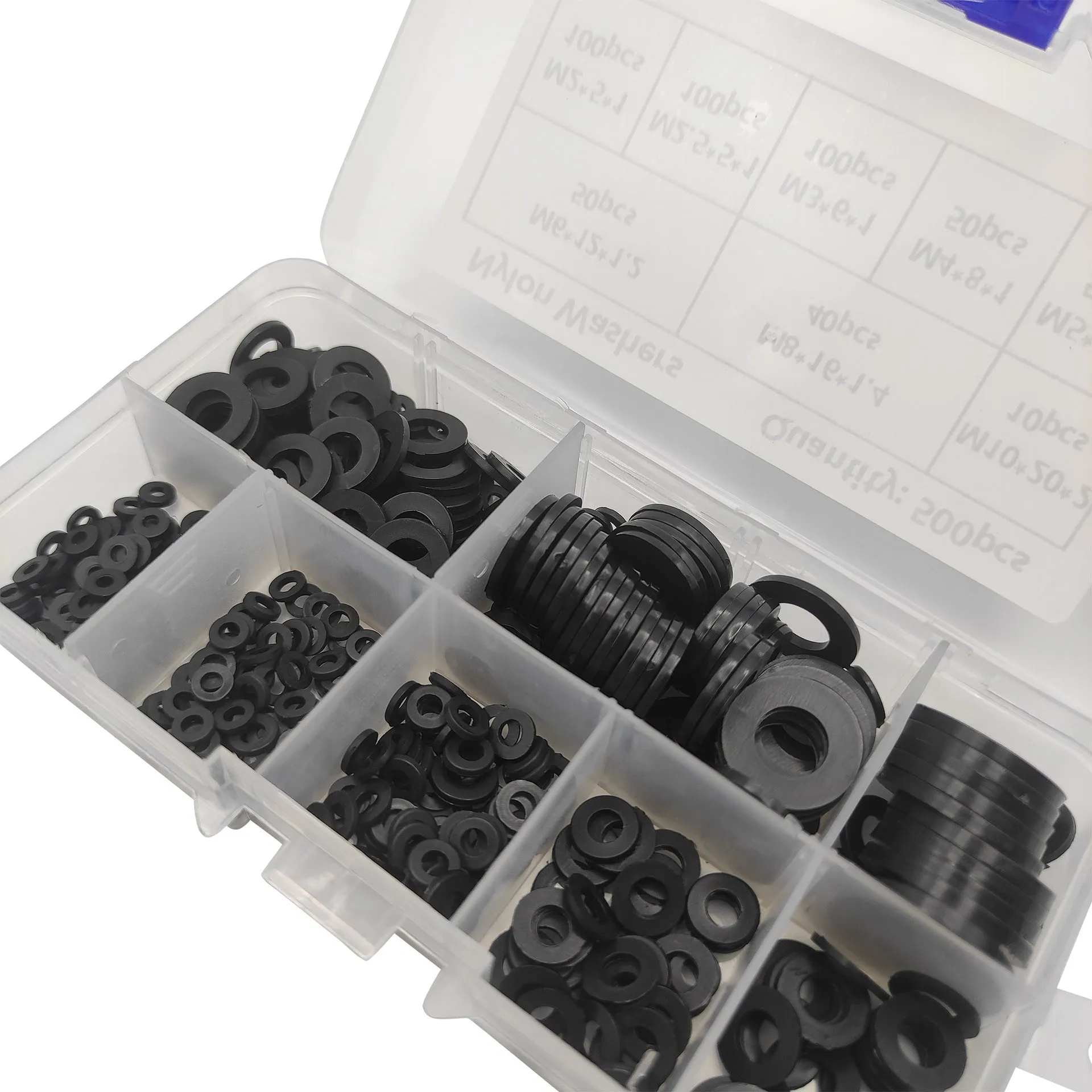 500-piece black nylon flat washer assortment kit in open box showing different sizes