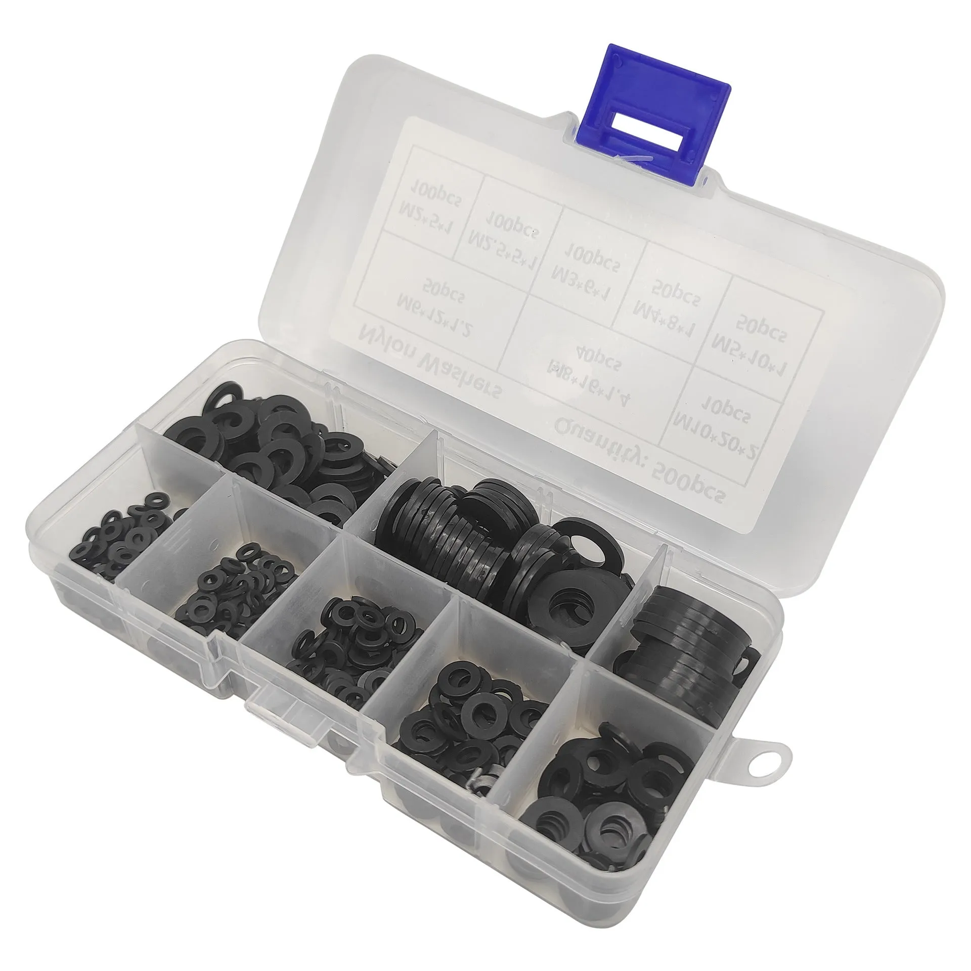 500-piece black nylon flat washer assortment kit in open box showing different sizes