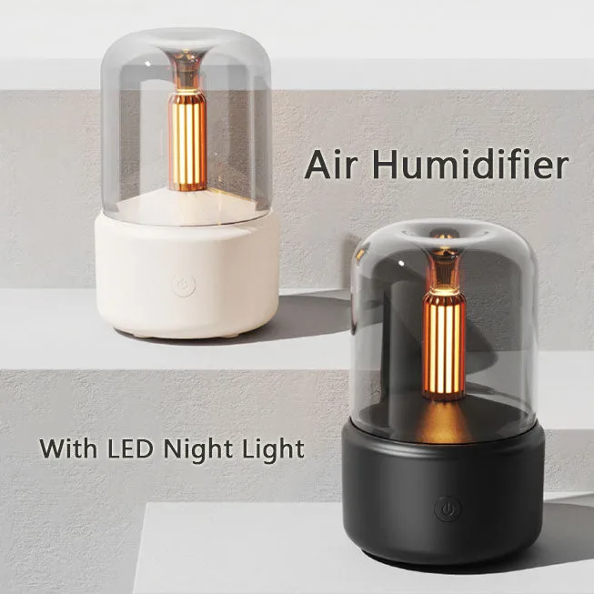 Beige candlelight aroma diffuser humidifier with USB cable, 120ml capacity, LED night light effect