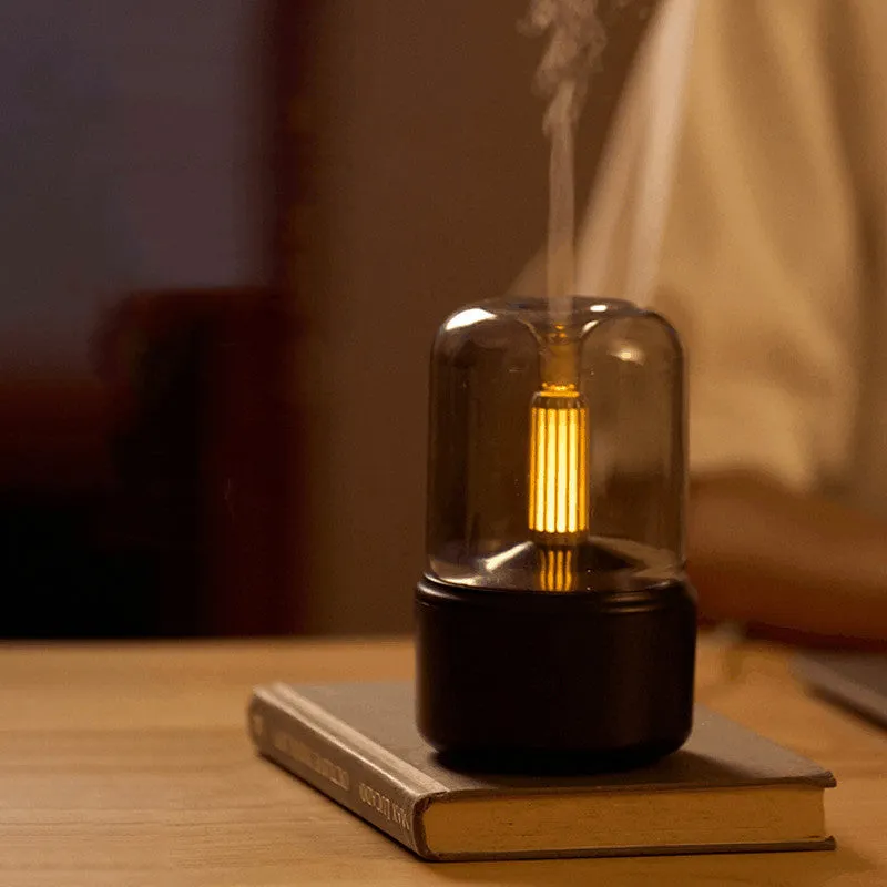 Beige candlelight aroma diffuser humidifier with USB cable, 120ml capacity, LED night light effect