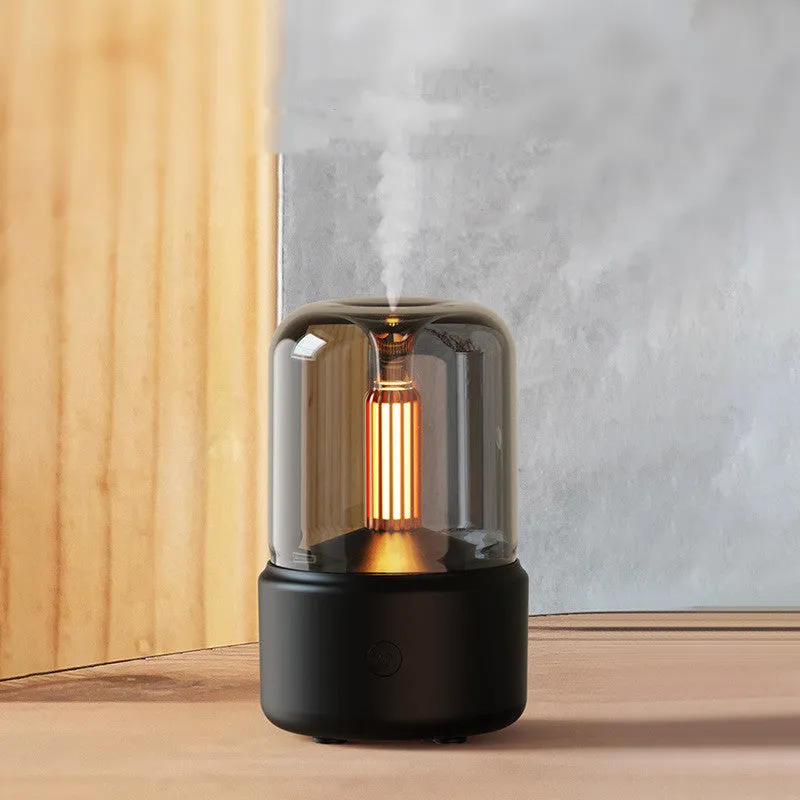 Beige candlelight aroma diffuser humidifier with USB cable, 120ml capacity, LED night light effect
