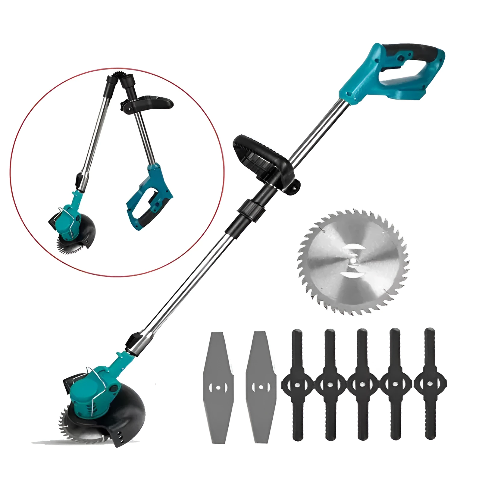 Folding lithium electric lawn mower with three blades, telescopic handle, and 110mm circular blade on wheels