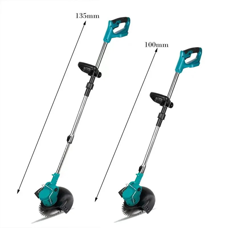 Folding lithium electric lawn mower with three blades, telescopic handle, and 110mm circular blade on wheels