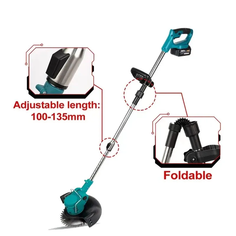 Folding lithium electric lawn mower with three blades, telescopic handle, and 110mm circular blade on wheels