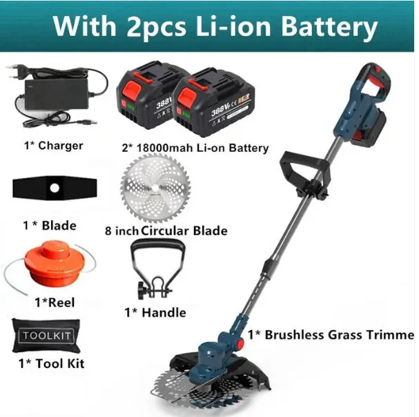 Folding lithium electric lawn mower with three blades, telescopic handle, and 110mm circular blade on wheels