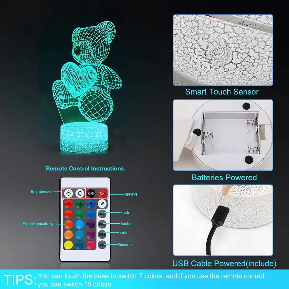 3D acrylic LED night light with teddy bear pattern in 16 colours, USB and remote control