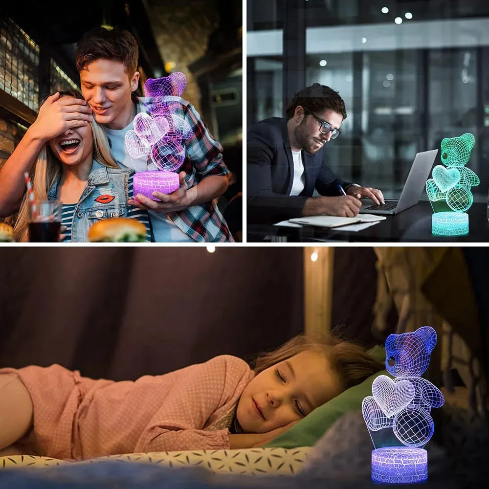 3D acrylic LED night light with teddy bear pattern in 16 colours, USB and remote control