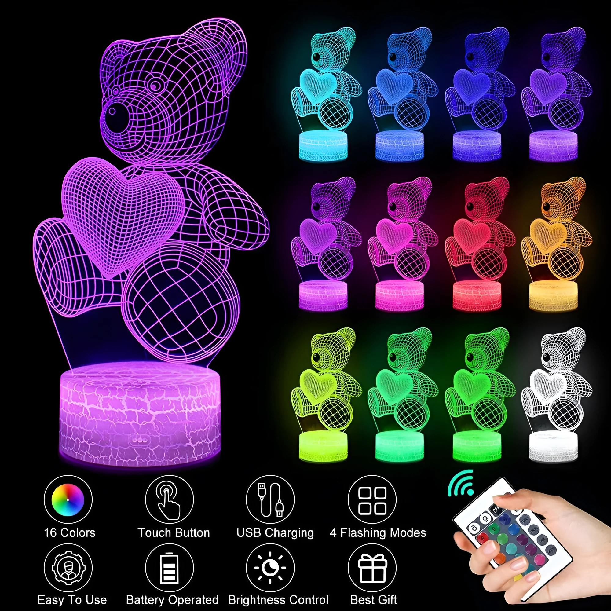 3D acrylic LED night light with teddy bear pattern in 16 colours, USB and remote control