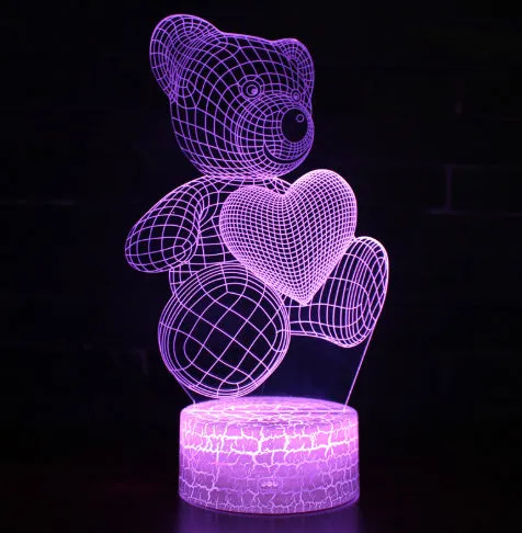 3D acrylic LED night light with teddy bear pattern in 16 colours, USB and remote control