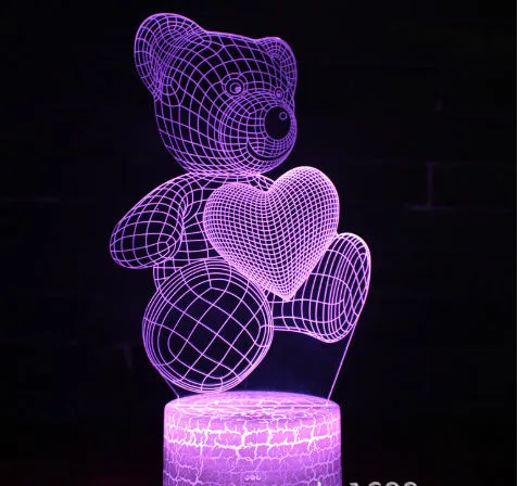3D acrylic LED night light with teddy bear pattern in 16 colours, USB and remote control