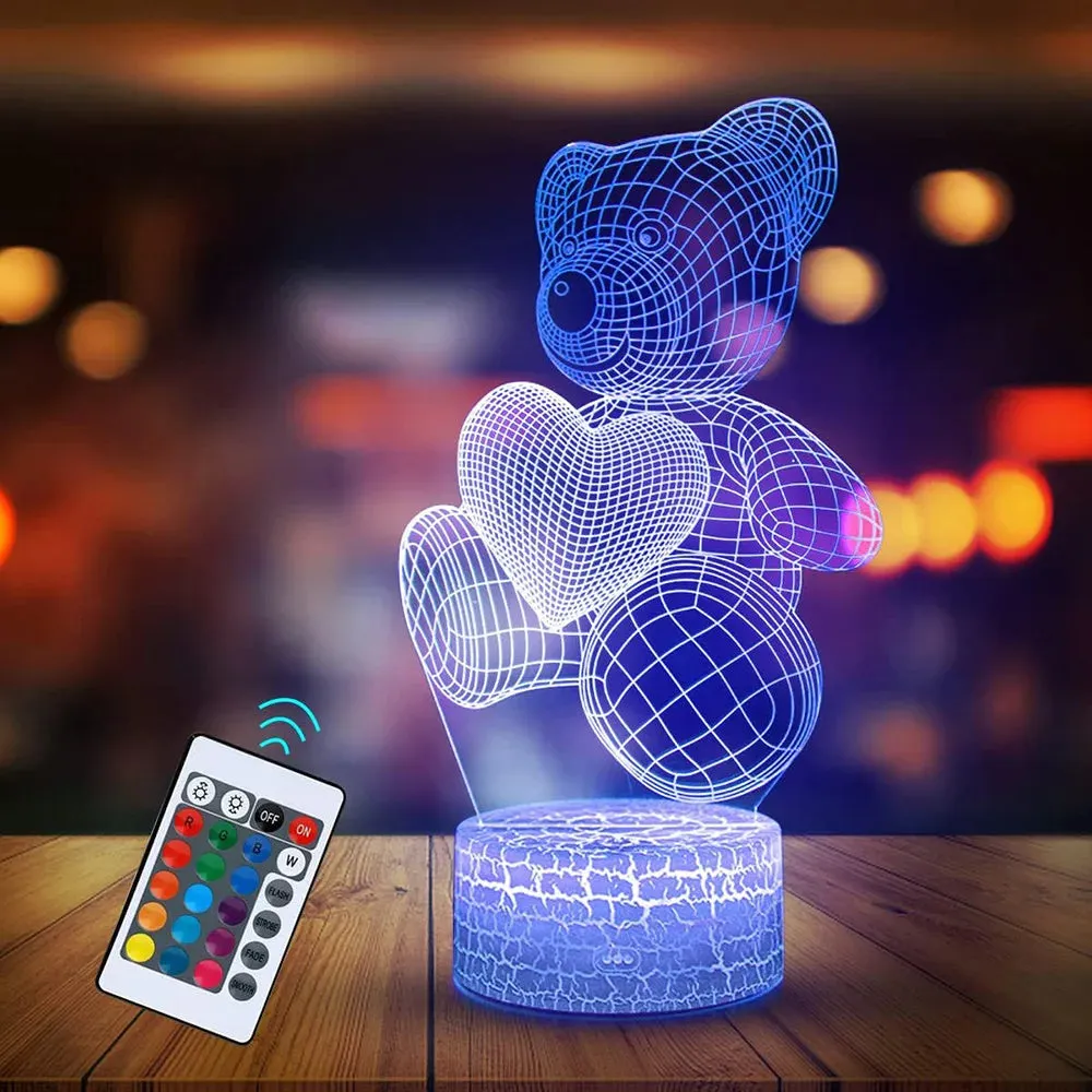 3D acrylic LED night light with teddy bear pattern in 16 colours, USB and remote control