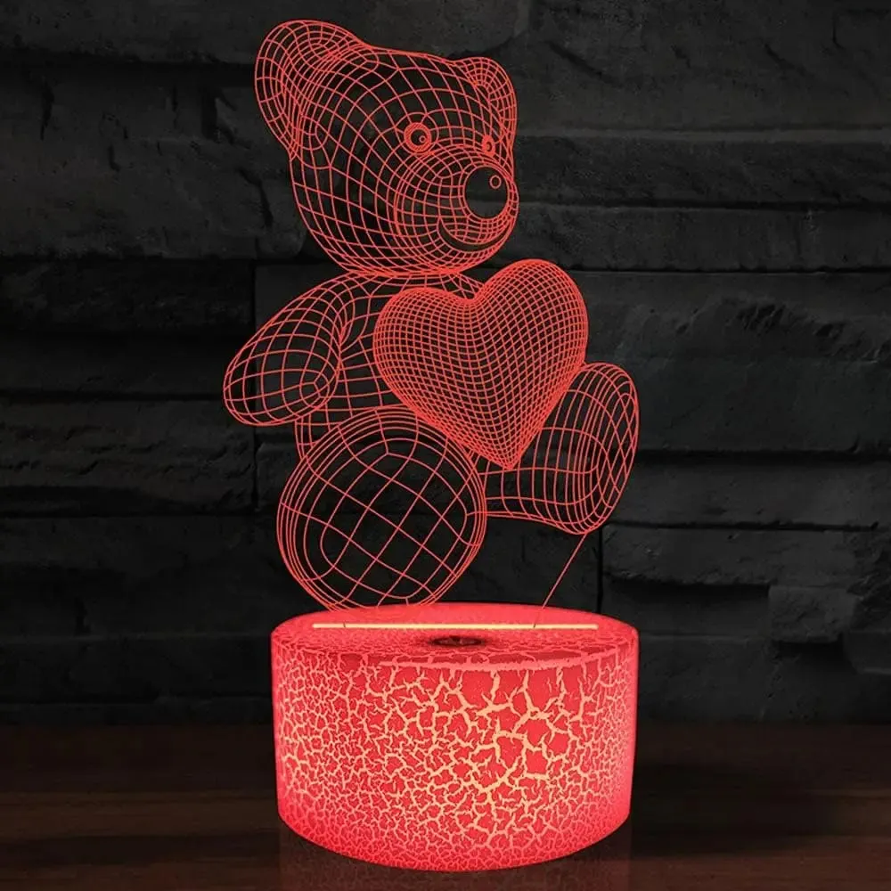 3D acrylic LED night light with teddy bear pattern in 16 colours, USB and remote control