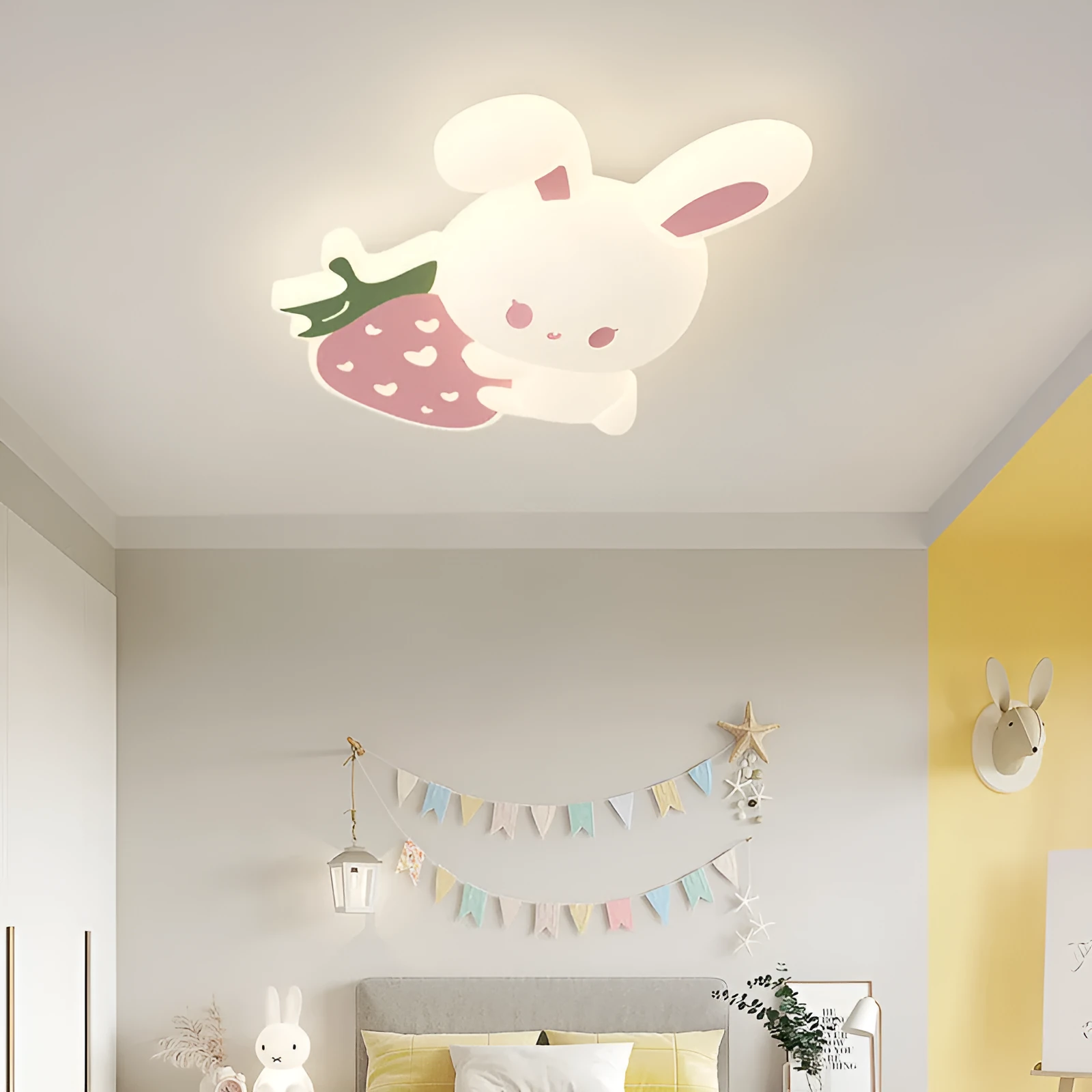 Cream children's cartoon ceiling lamp with tri-colour light, iron frame, acrylic shade, Carrot Rabbit design