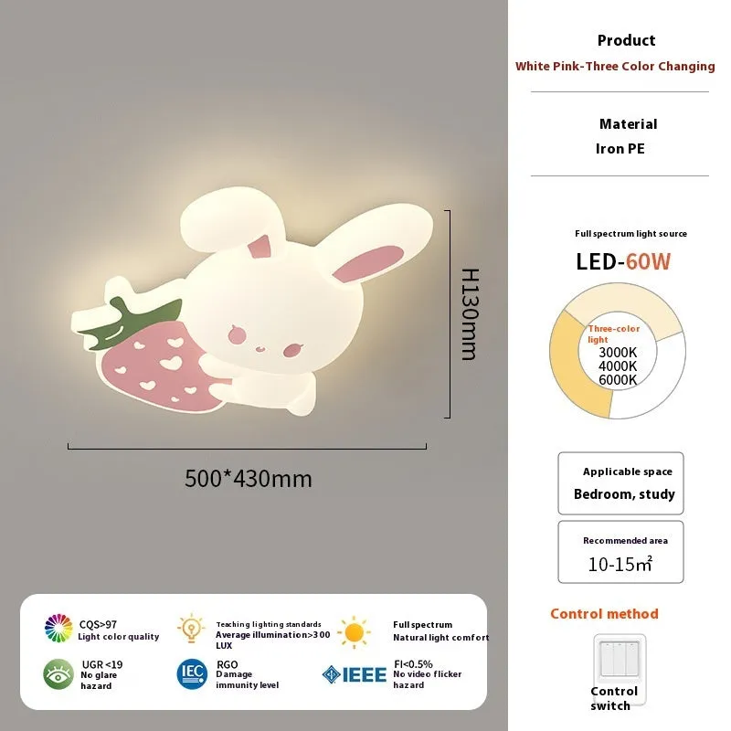 Cream children's cartoon ceiling lamp with tri-colour light, iron frame, acrylic shade, Carrot Rabbit design