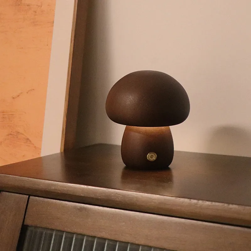Wooden mushroom-shaped LED night light with touch switch on a bedside table, beech finish, 165 x 100 mm