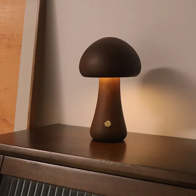 Wooden mushroom-shaped LED night light with touch switch on a bedside table, beech finish, 165 x 100 mm