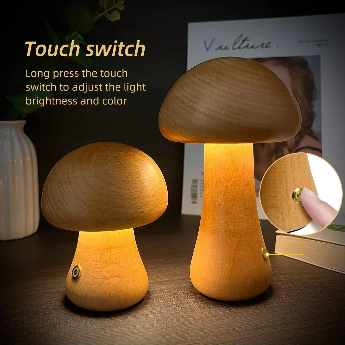 Wooden mushroom-shaped LED night light with touch switch on a bedside table, beech finish, 165 x 100 mm