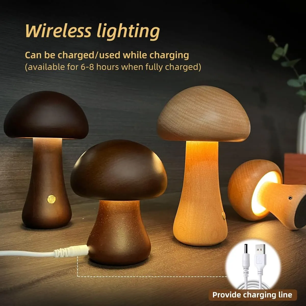 Wooden mushroom-shaped LED night light with touch switch on a bedside table, beech finish, 165 x 100 mm