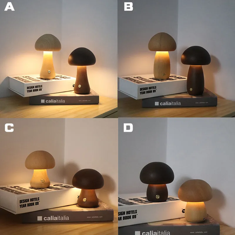 Wooden mushroom-shaped LED night light with touch switch on a bedside table, beech finish, 165 x 100 mm