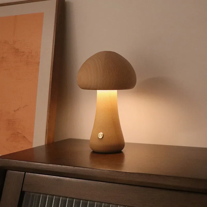 Wooden mushroom-shaped LED night light with touch switch on a bedside table, beech finish, 165 x 100 mm