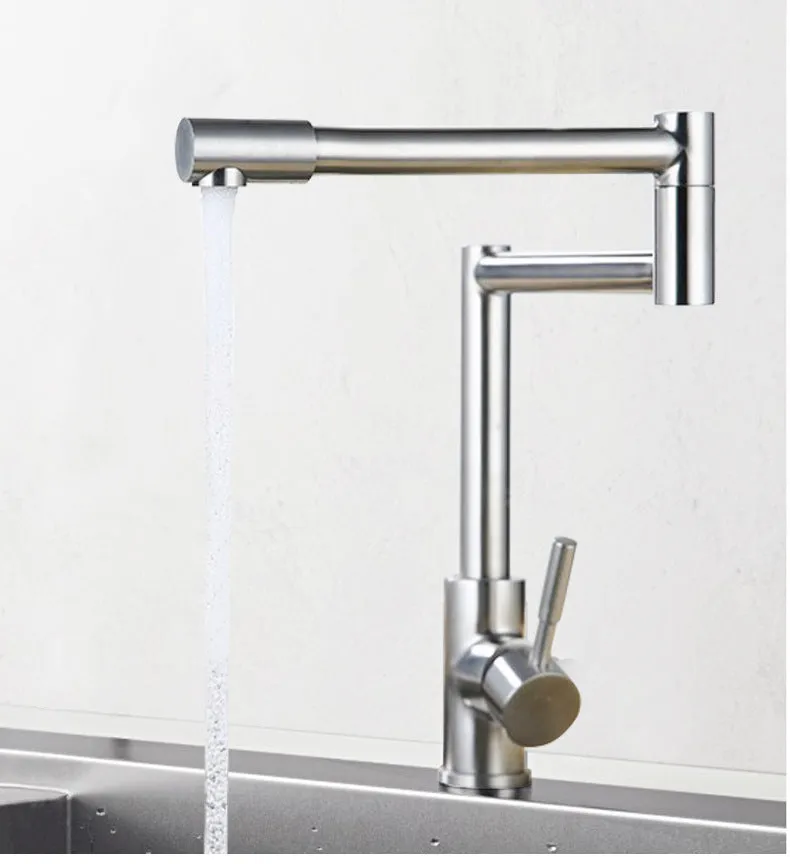 Silver stainless steel household faucet with dual handles and 360-degree rotating spout