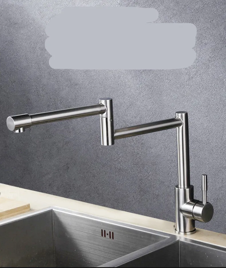 Silver stainless steel household faucet with dual handles and 360-degree rotating spout